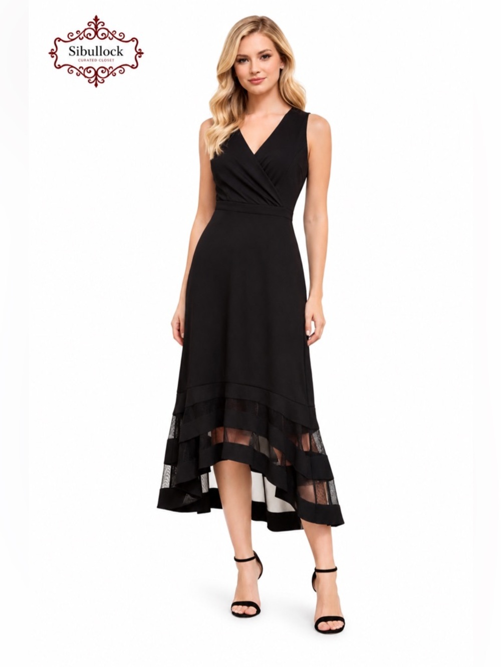 XSCAPE Black Evening Dress Elegant Layered Hem V-Neck Formal Cocktail Midi Gown